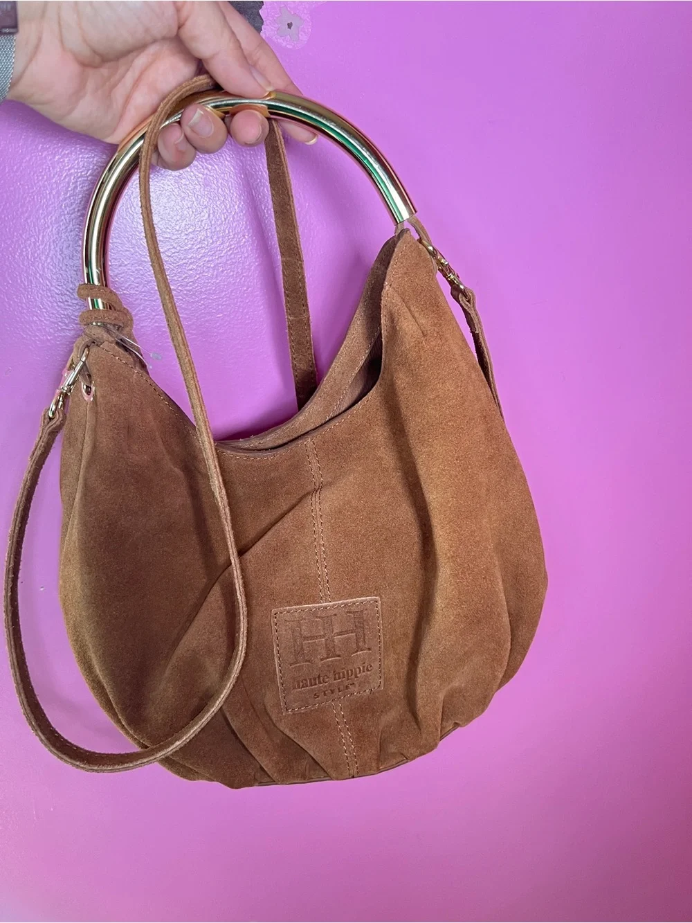 Haute Hippie Brown Suede Hobo with Gold Top Handle
